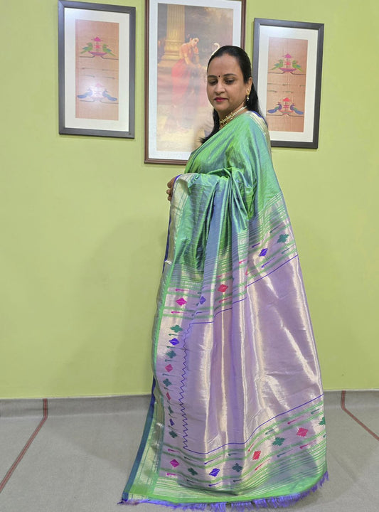 Green Baro Punja Charm: The Golden Stripes Paithani