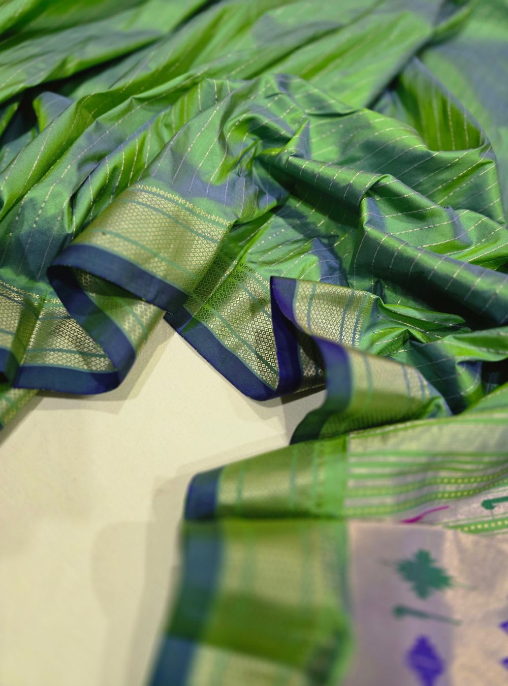 Green Baro Punja Charm: The Golden Stripes Paithani