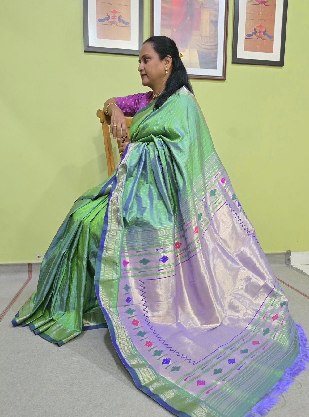 Green Baro Punja Charm: The Golden Stripes Paithani