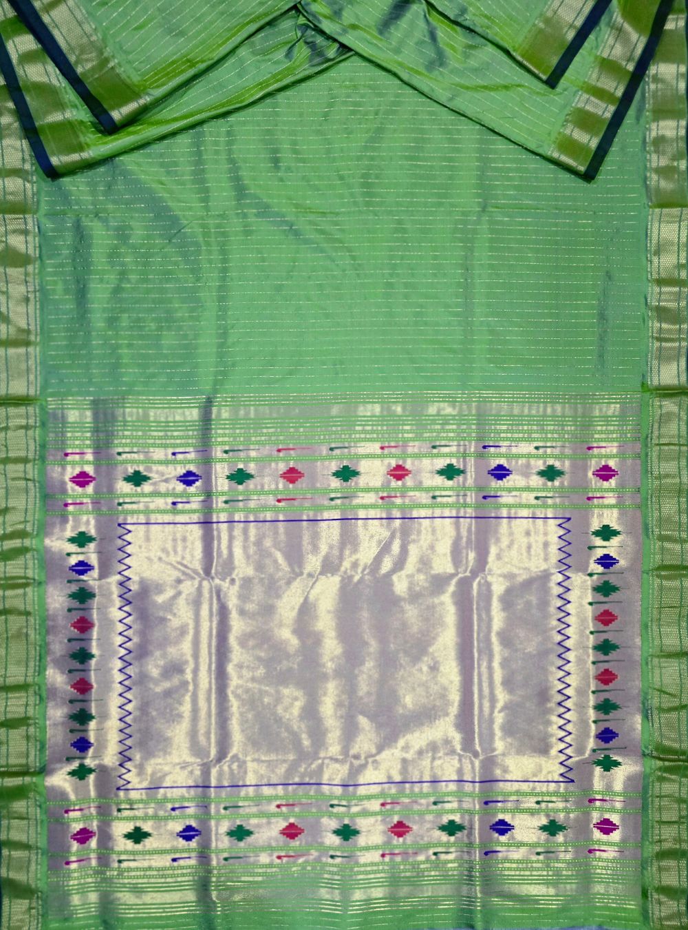Green Baro Punja Charm: The Golden Stripes Paithani
