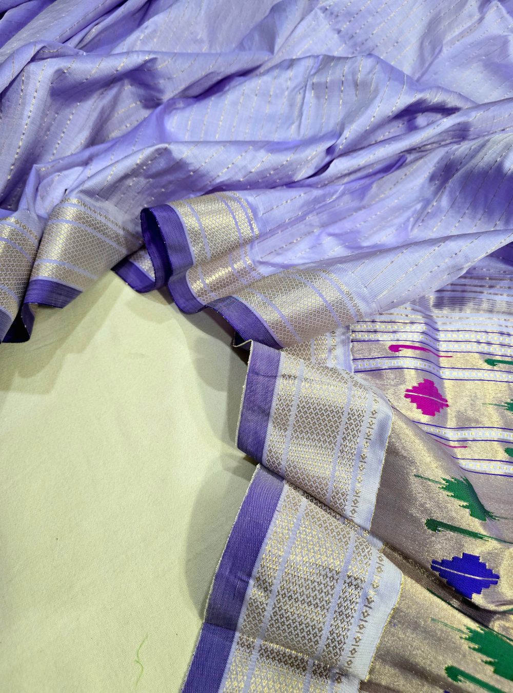 Lavender Punja Charm: The Golden Stripes Paithani