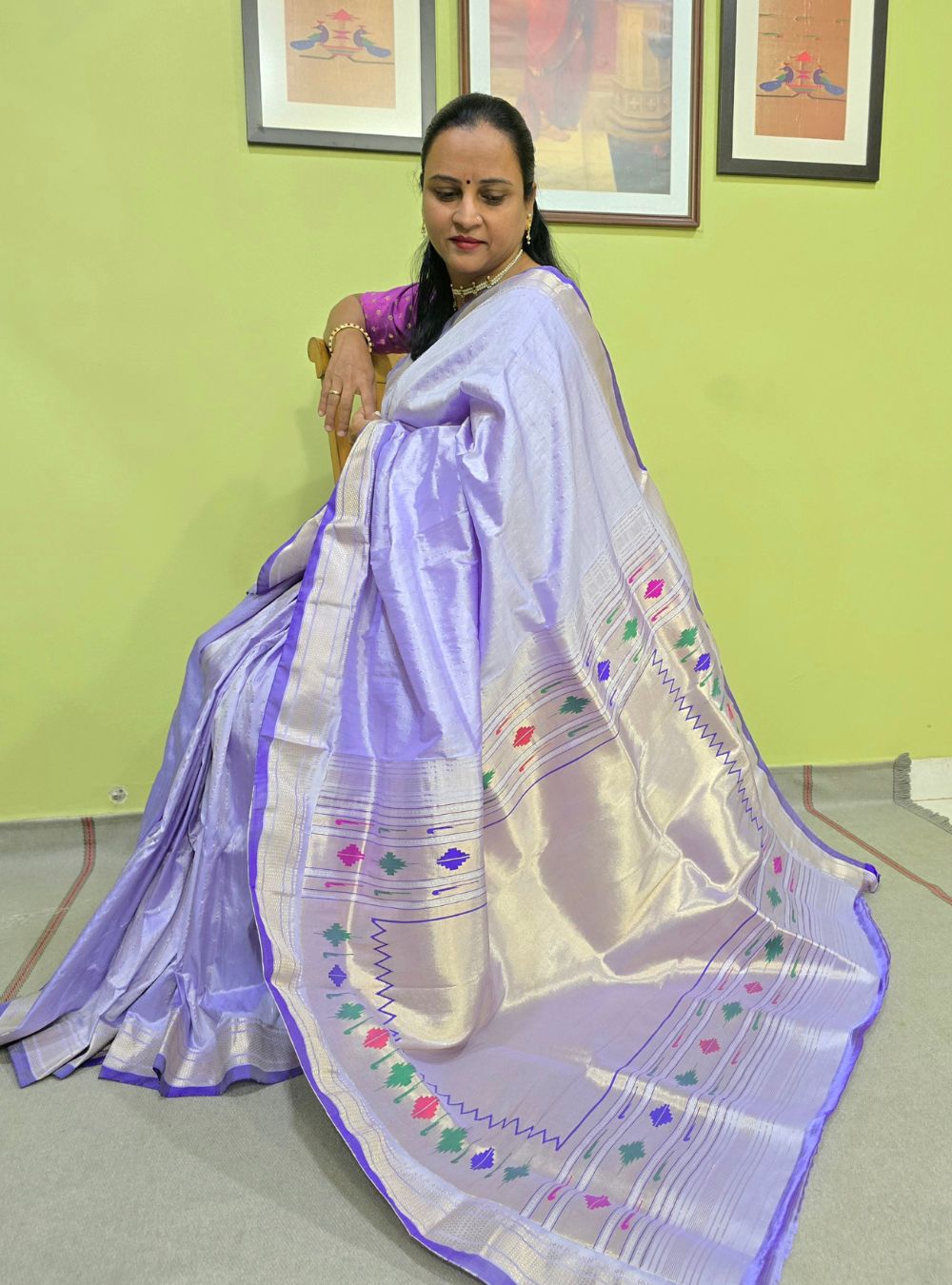 Lavender Punja Charm: The Golden Stripes Paithani
