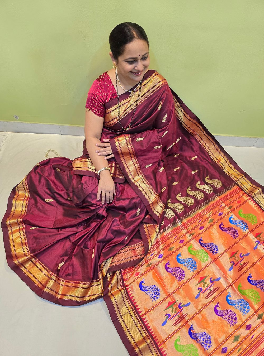 The Classic Traditional Handloom Maroon Paithani: Maharani Mandala