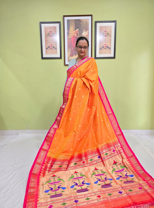 Orange with Pink border- Mor Popat Elegance: Traditional Manchali Paithani