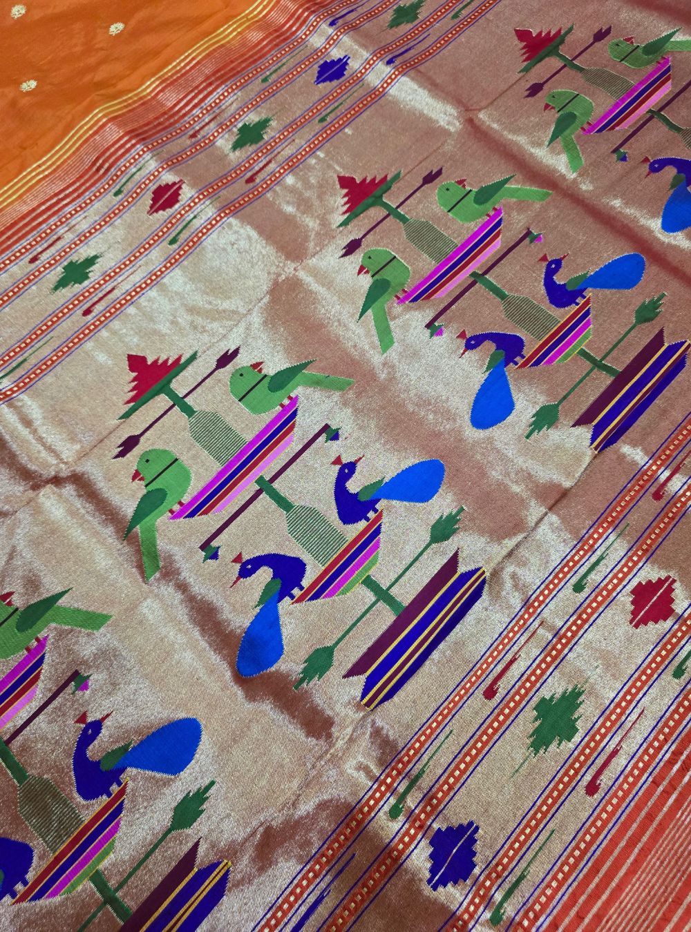 Orange with Pink border- Mor Popat Elegance: Traditional Manchali Paithani