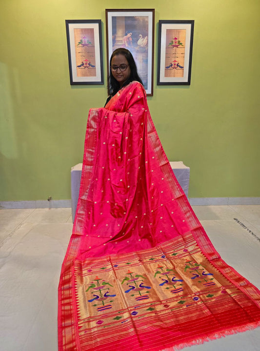 Peach and Orange Mor Popat Elegance: Traditional Manchali Paithani