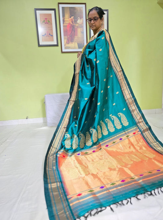 Deep Forest Green Golden Glow: The Exclusive Tissue Paithani