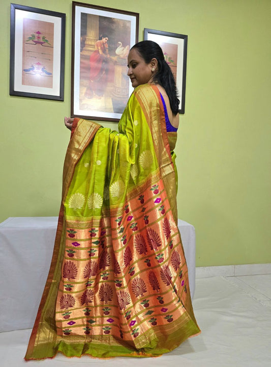 Parrot Green Tissue Elegance: The Coconut Border Paithani