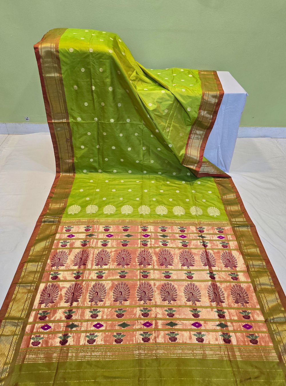 Parrot Green Tissue Elegance: The Coconut Border Paithani