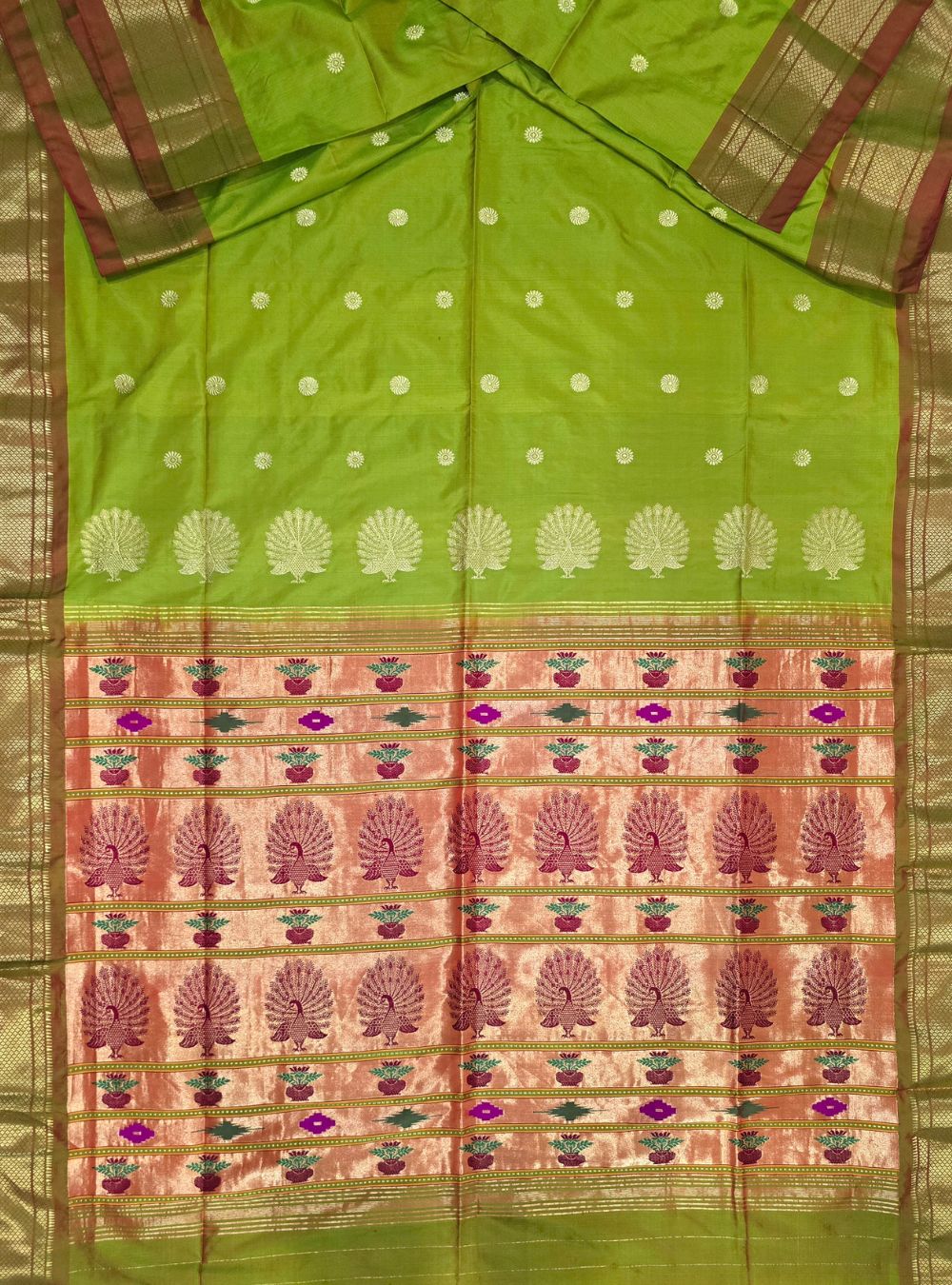 Parrot Green Tissue Elegance: The Coconut Border Paithani