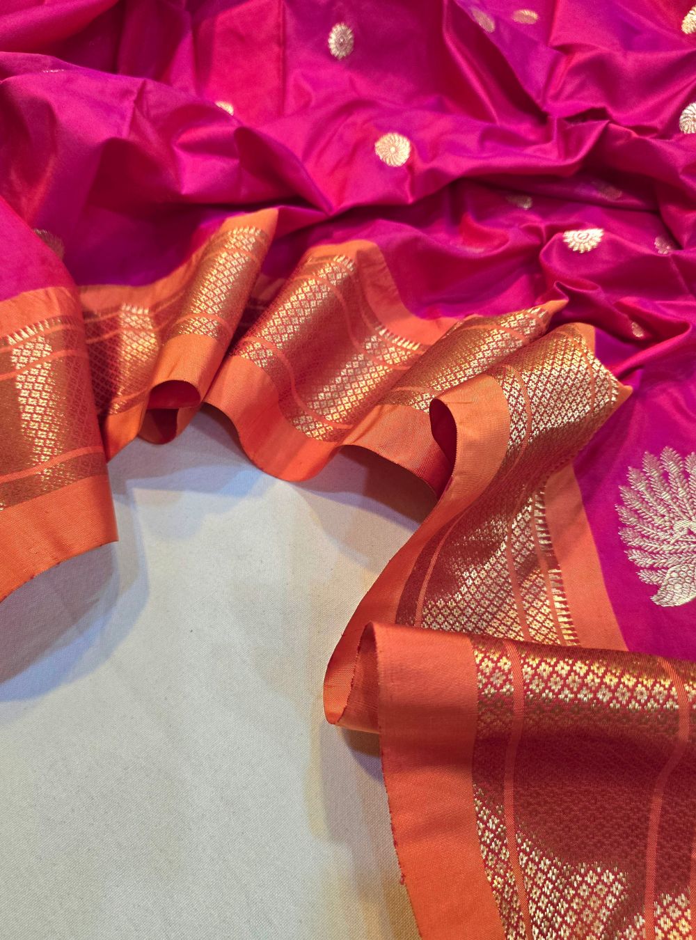 Strawberry Red Tissue Elegance: The Coconut Border Paithani