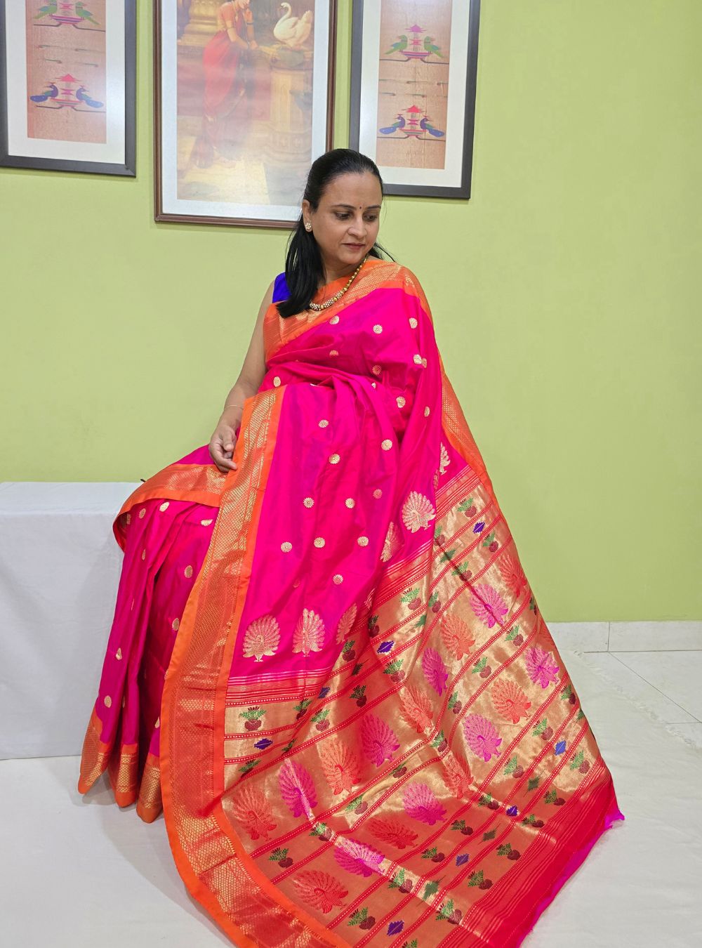 Strawberry Red Tissue Elegance: The Coconut Border Paithani