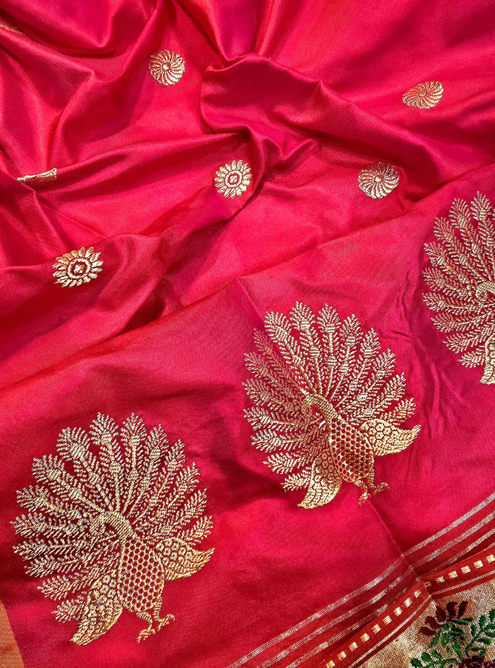 Strawberry Red Tissue Elegance: The Coconut Border Paithani