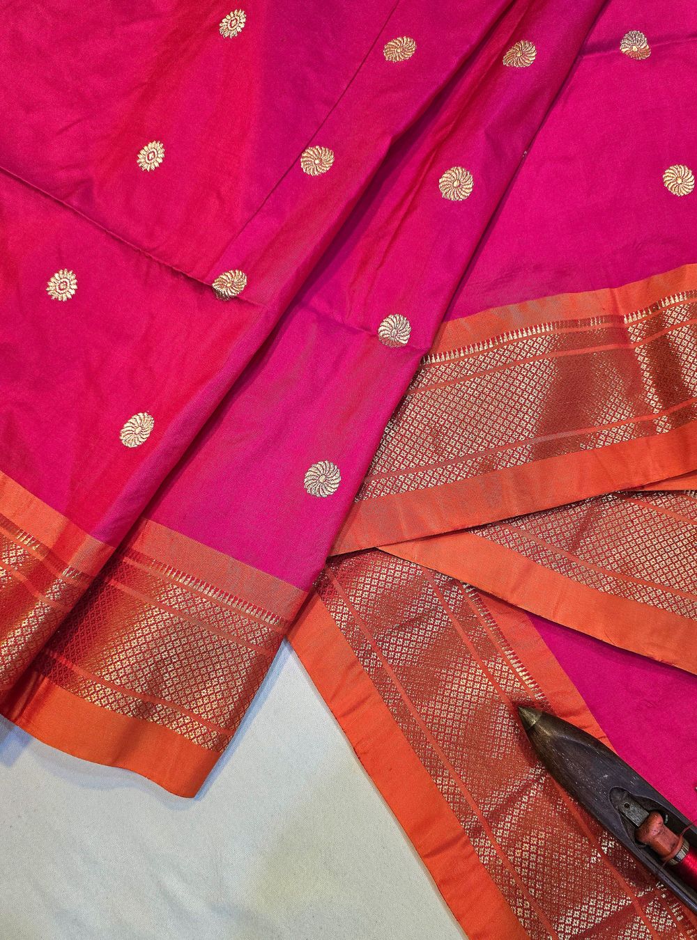 Strawberry Red Tissue Elegance: The Coconut Border Paithani
